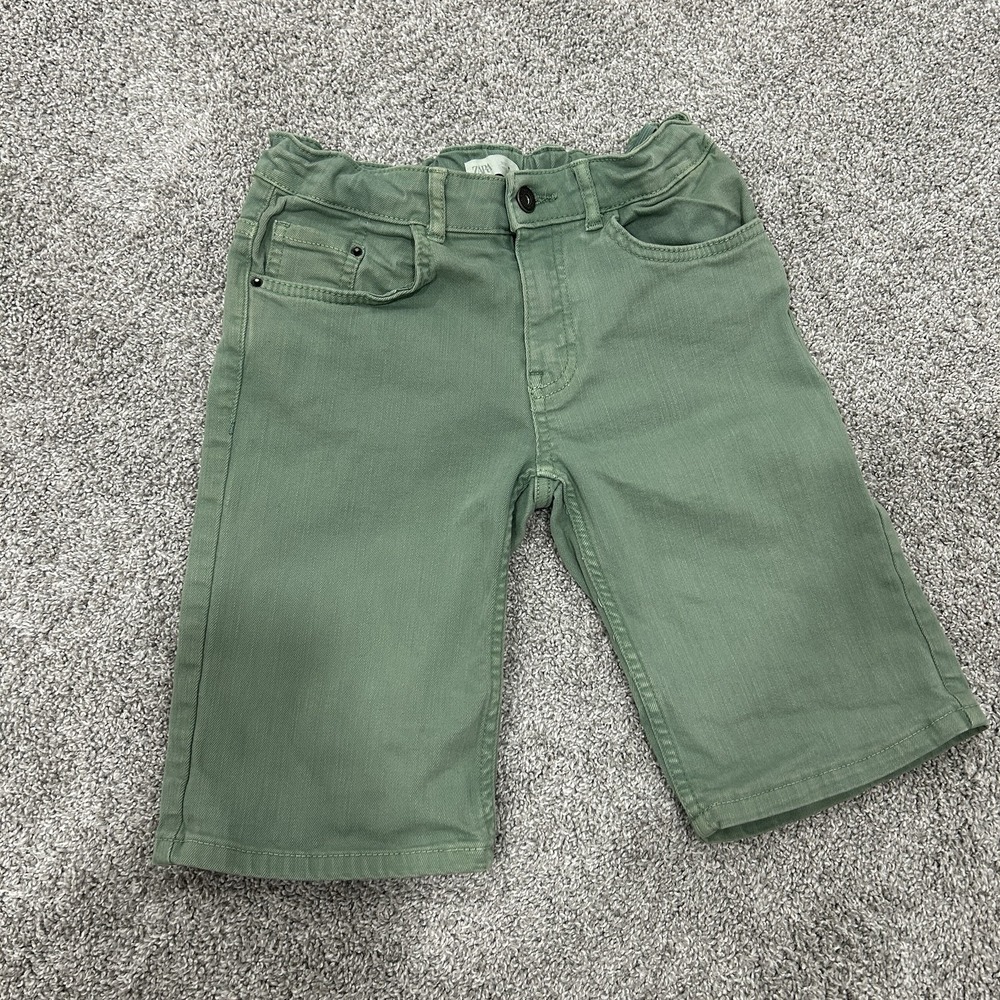 Zara Boys Size 10 Adjustable Waist Long Shorts‎ Green Denim EUC